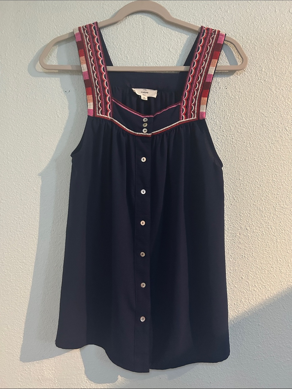 Entro Navy Button-Front Top with Embroidered straps